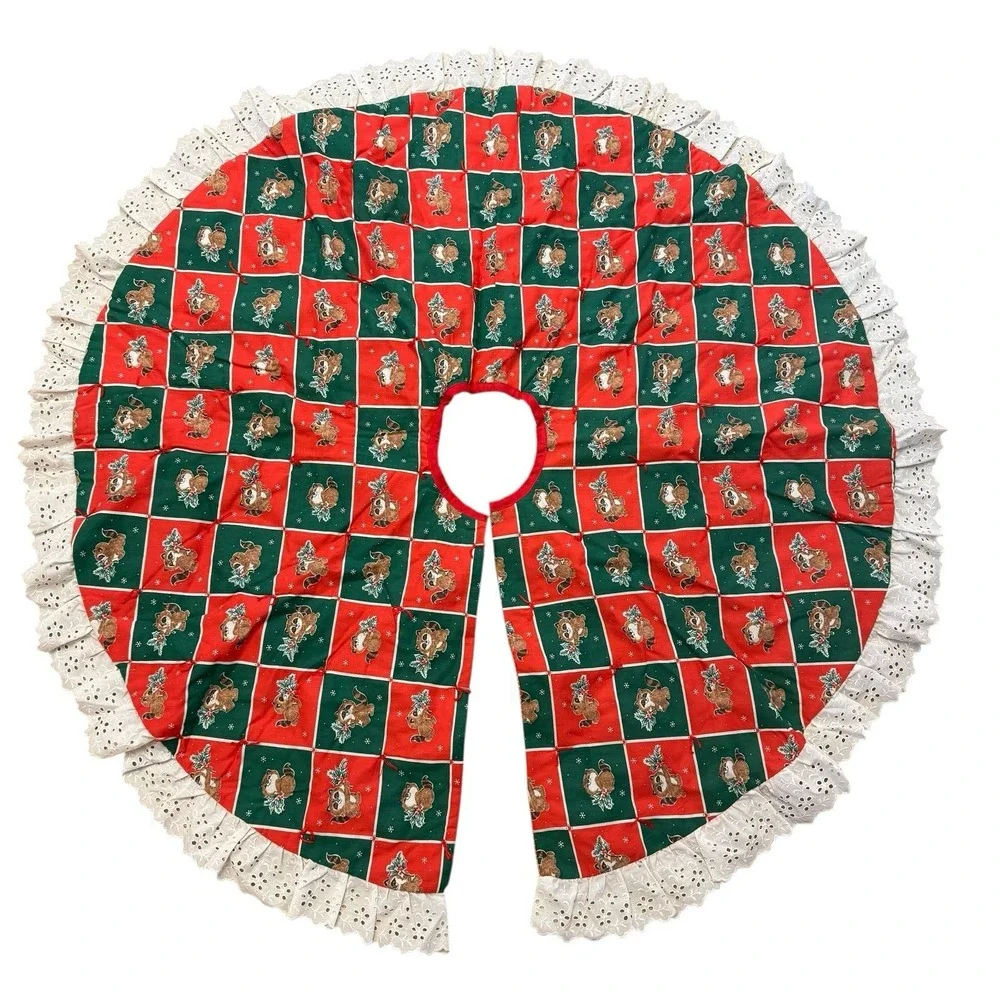 Vintage Christmas Tree Skirt Quilted Round Ruffle Reversible Country Patchwork